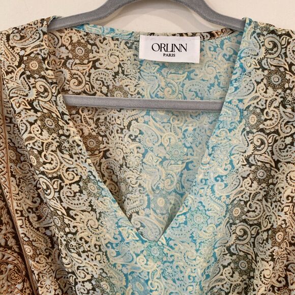 Orlinn Paris 100% Silk Blouse Bell Sleeve Cropped Elastic Waist - Picture 4 of 11